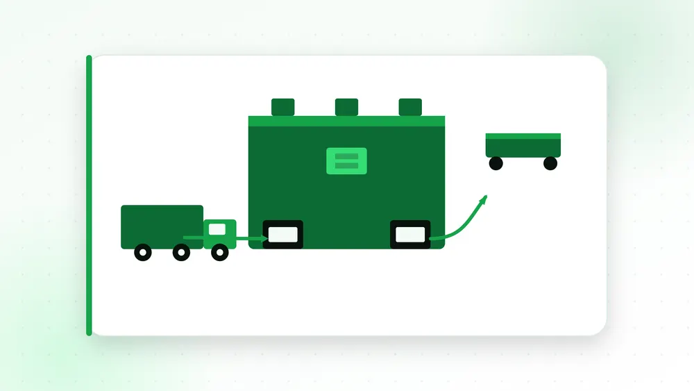 Illustration of trucks flowing through a cross-dock warehouse between inbound and outbound trailers
