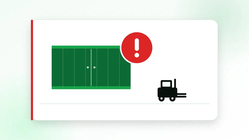 Illustration of a shipping container flagged with a rejection alert being recovered by a forklift crew near Port Newark